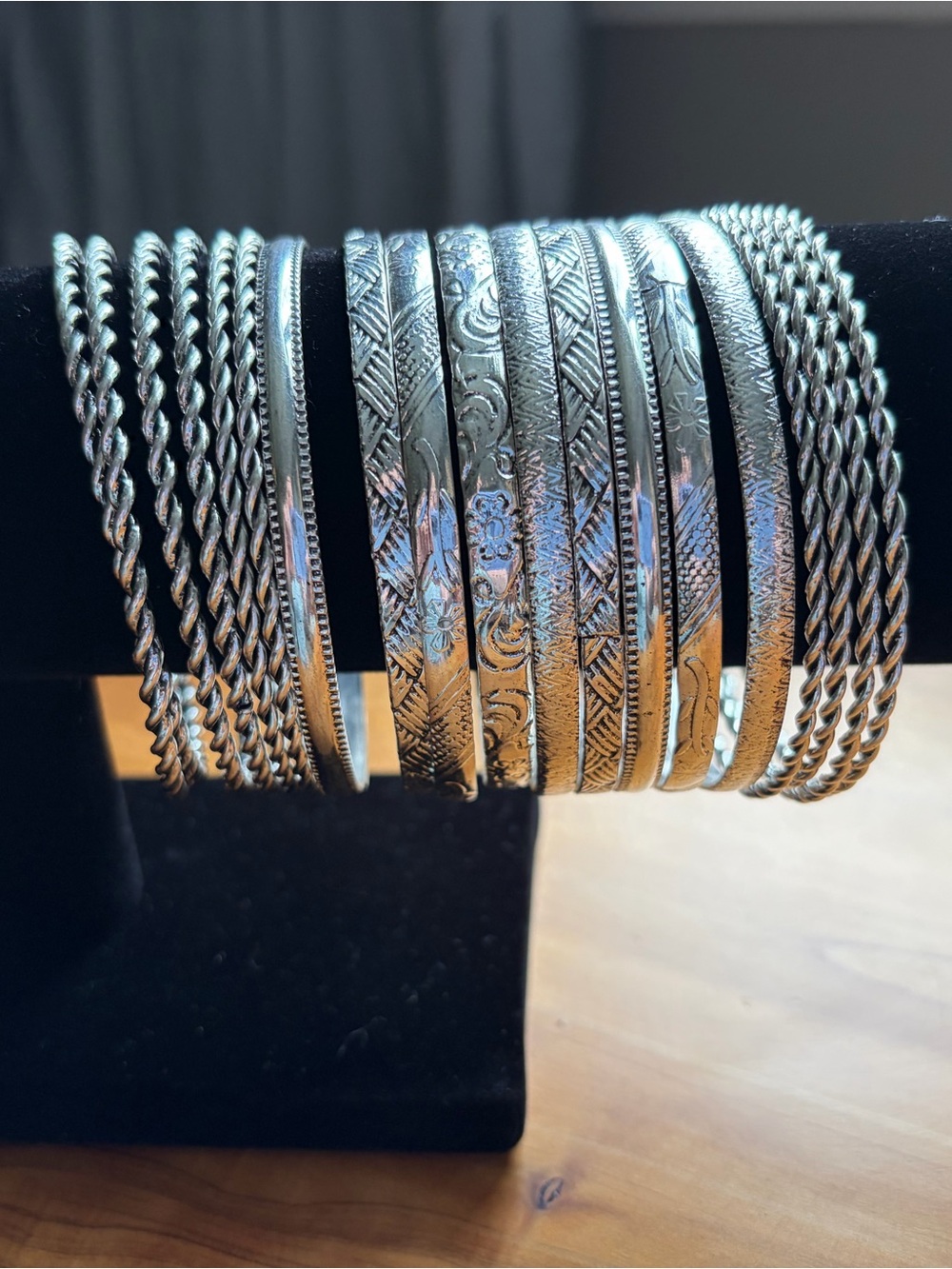 Sterling Silver-Tone Textured Bangle Bracelet Set - Silver
